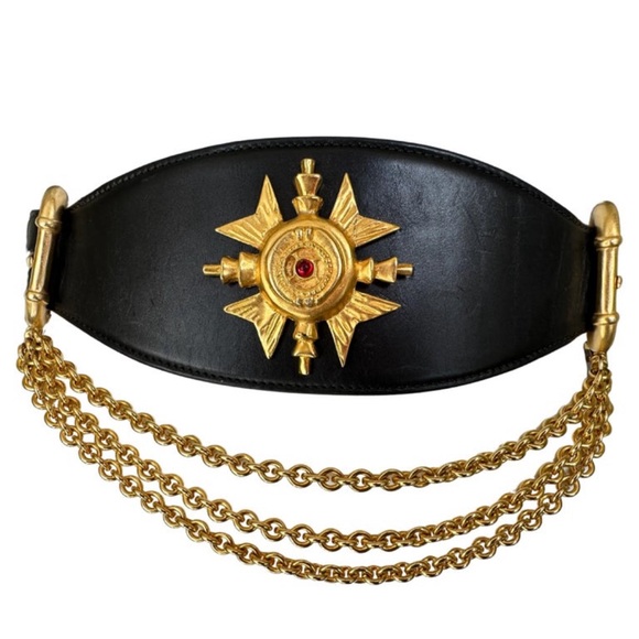 Donna Karan Collectable Vintage Wide Leather Belt w Gold Cross and Chain Details - Picture 8 of 12